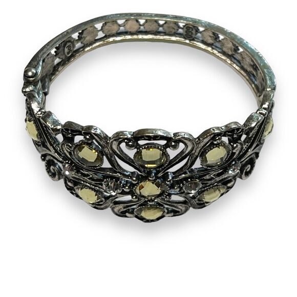 Womens Cuff Bracelet Jeweled Hinged Rhinestone Silver Green Fashion Statement - Picture 4 of 13